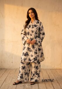 Sakiné Ivory & Black Floral Print 2-Piece Co-ords Set – Shirt & Trouser(wash n wear)