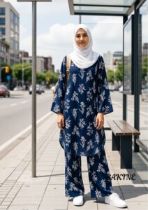 SAKINÉ Navy Blue Floral Printed Women’s 2-Piece Suit(wash n wear)