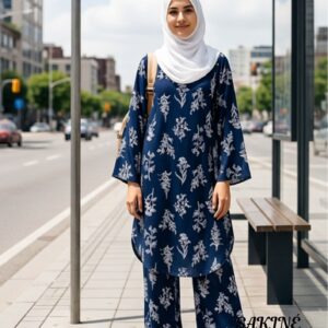 SAKINÉ Navy Blue Floral Printed Women’s 2-Piece Suit(wash n wear)