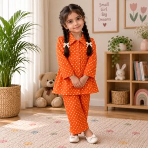 SAKINÉ Orange Polka Dot Girls 2-Piece Co-Ord Set – Wash & Wear | SK-35C