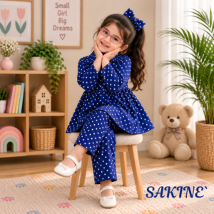 SAKINÉ Navy Blue Polka Dot Girls 2-Piece Co-Ord Set – Wash & Wear | SK-34B