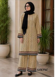 Sakiné Beige & Black Geometric Print 2-Piece Co-ords Set – Shirt & Trouser(wash n wear)
