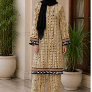 Sakiné Beige & Black Geometric Print 2-Piece Co-ords Set – Shirt & Trouser(wash n wear)