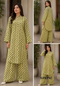 Sakiné Olive Green & Ivory Chevron Print 2-Piece Co-ords Set – Shirt & Trouser(wash n wear)