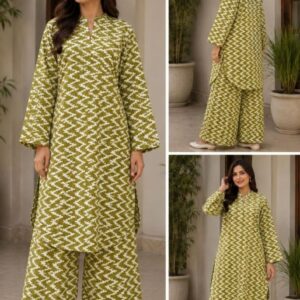 Sakiné Olive Green & Ivory Chevron Print 2-Piece Co-ords Set – Shirt & Trouser(wash n wear)