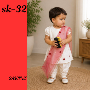 SK-32 — White Embellished Cotton 3-Piece Girls’ Set with Tulip Shalwar & Red Net Dupatta