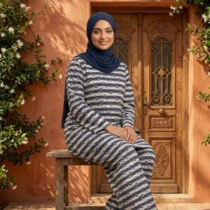 Sakiné Navy & Ivory Striped Floral Print 2-Piece Co-ords Set – Shirt & Trouser(wash n wear)