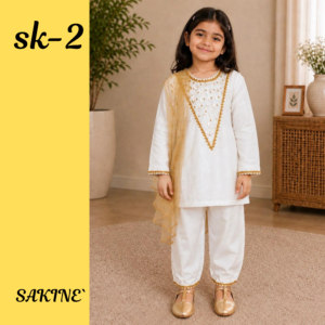 SK-2 — White Cotton Girls’ 3-Piece Set with Golden Embellishment