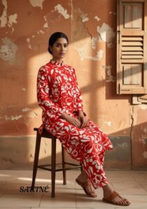 Sakiné Red & White Floral Printed 2-Piece Women’s Co-ords Set – Shirt & Trouser(wash n wear)