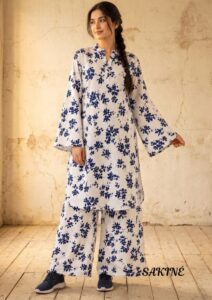 Sakiné White & Navy Blue Floral Printed 2-Piece Women’s Suit – Shirt & Trouser(wash n wear)