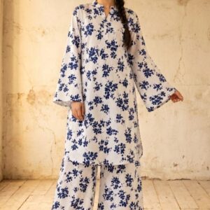 Sakiné White & Navy Blue Floral Printed 2-Piece Women’s Suit – Shirt & Trouser(wash n wear)
