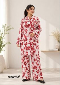 Sakiné Ivory & Red Floral Printed 2-Piece Co-ords Set – Shirt & Trousers(wash n wear)