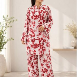 Sakiné Ivory & Red Floral Printed 2-Piece Co-ords Set – Shirt & Trousers(wash n wear)