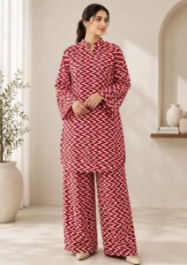 Sakiné Red & White Geometric Print 2-Piece Co-ords Set – Shirt & Trouser(wash n wear)