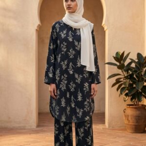 Sakiné Charcoal Black & Ivory Botanical Print 2-Piece Co-ords Set – Shirt & Trouser(wash n wear)