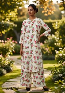 Sakiné Ivory Floral Print 2-Piece Co-ords Set – Shirt & Trouser(wash n wear)