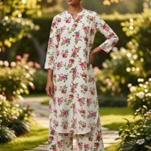 Sakiné Ivory Floral Print 2-Piece Co-ords Set – Shirt & Trouser(wash n wear)