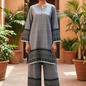 Sakiné Grey & Black Geometric Border Print 2-Piece Co-ords Set – Shirt & Trouser(wash n wear)