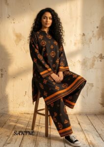 Sakiné Black & Burnt Orange Traditional Print 2-Piece Co-ords Set – Shirt & Trouser(wash n wear)