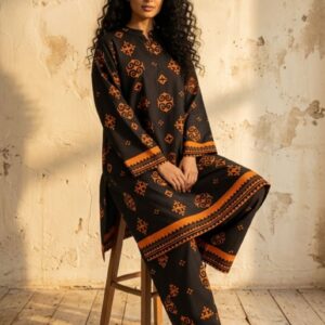 Sakiné Black & Burnt Orange Traditional Print 2-Piece Co-ords Set – Shirt & Trouser(wash n wear)