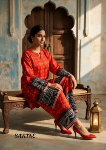 Sakiné Red & Black Ajrak-Inspired Print 2-Piece Co-ords Set – Shirt & Trouser(wash n wear)