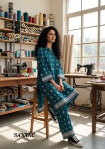 Sakiné Teal Green Traditional Print 2-Piece Co-ords Set – Shirt & Trouser(wash n wear)
