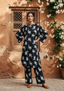 Sakiné Black & Ivory Floral Grid Print 2-Piece Co-ords Set – Shirt & Trouser(wash n wear)