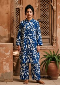 Sakiné Royal Blue & Ivory Floral Print 2-Piece Co-ords Set – Shirt & Trouser(wash n wear)