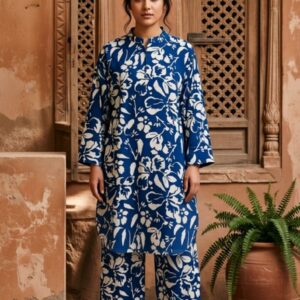 Sakiné Royal Blue & Ivory Floral Print 2-Piece Co-ords Set – Shirt & Trouser(wash n wear)