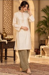 Sakiné Ivory & Olive Khaddar Shalwar Qameez with Golden Gotta