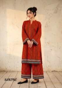 Sakiné Orange Geometric Print 2-Piece Women’s Suit – Shirt & Trouser/printed co-ord(wash n wear)