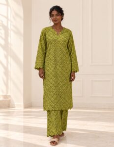 Sakiné Lime Mosaic — Scalloped Geometric Floral Co-ords Set