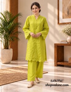 Sakiné Lime Bloom — Self-Stripe Shirt with Matching Trousers | 2-Piece Set