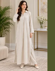 Sakiné Sand & Ivory Striped Linen Co-ord(long dress and loose trousers)