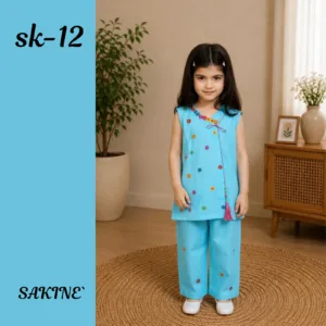 SK-12 — Blue Cotton Embellished Girls’ 2-Piece Co-ords Set