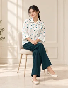 Sakiné — White Polka Dot Shirt with Dark Green Trousers