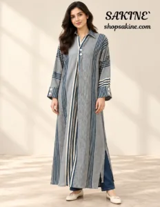 Sakiné — Denim Blue & Beige Striped Full-Length Summer Gown