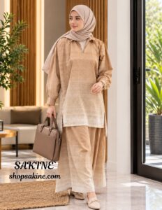 Sakiné Sandstone Elegance – Beige Ombre Wash & Wear Shirt & Skirt | 2-Piece Set