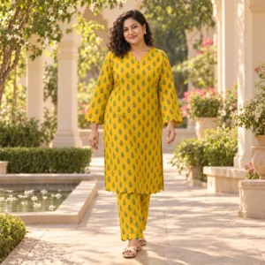 Sakiné Golden Leaf — Mustard Yellow & Green Printed Co-ords Set