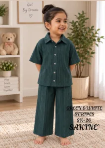 Green & White Stripes SK-26 – Kids’ 2-Piece Co-ords Set